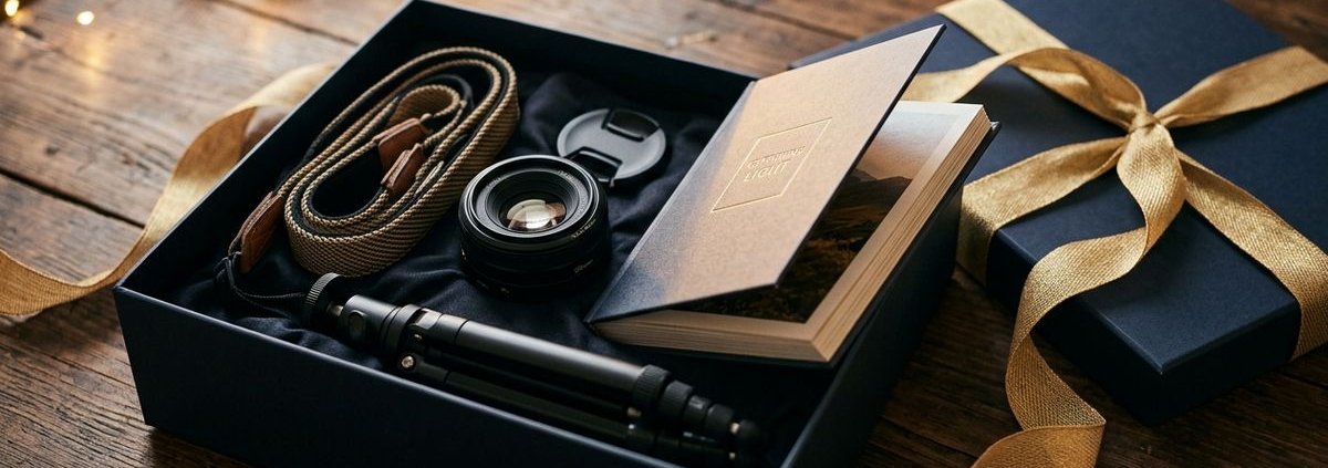 Coffret cadeau ouvert sur une table en bois : une sangle d'appareil photo, un objectif, un mini-trépied et un livre photo, à côté d'un paquet au ruban doré et de lumières de Noël